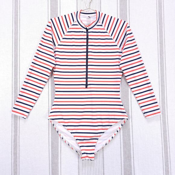 J Crew Swimsuit Womens Large Nautical Striped Rash Guard Long Sleeve One Piece - Picture 1 of 13